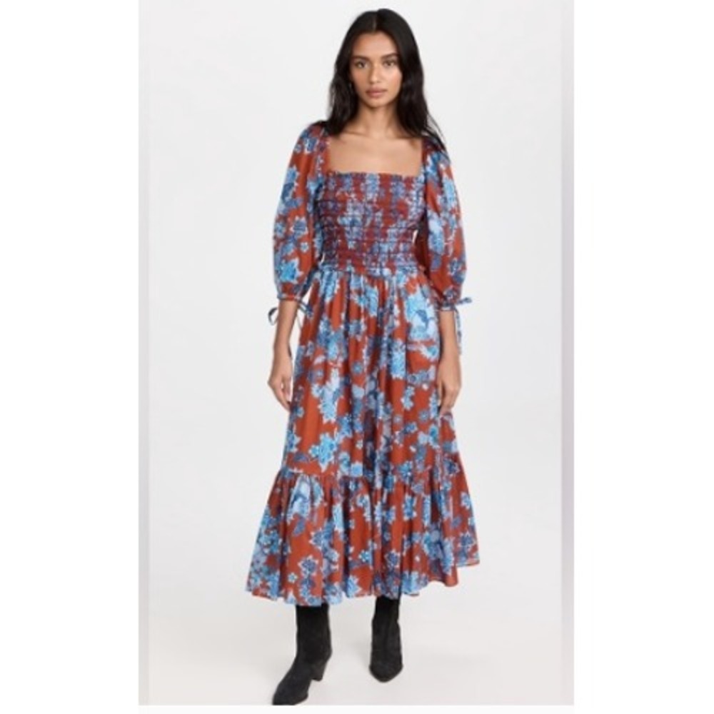 Cara Cara Jazzy Nippon Terracotta Floral Smocked Cotton Midi Dress M